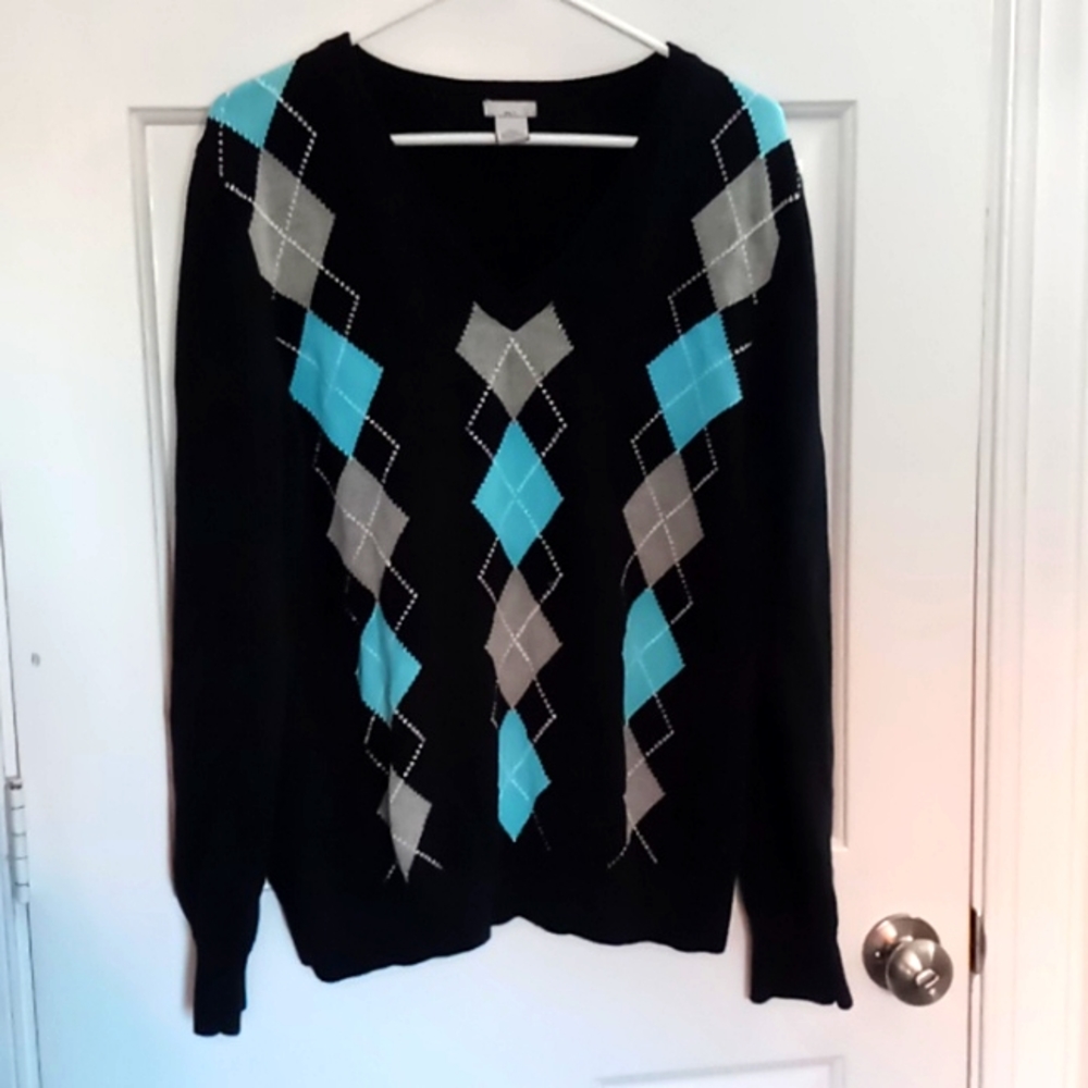 Izod Golf Ladies black and turquoise argyle v-neck sweater, size XL